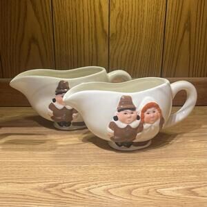TWO Publix Limited Edition Pilgrim Gravy Boat Handcrafted Ceramic Thanksgiving